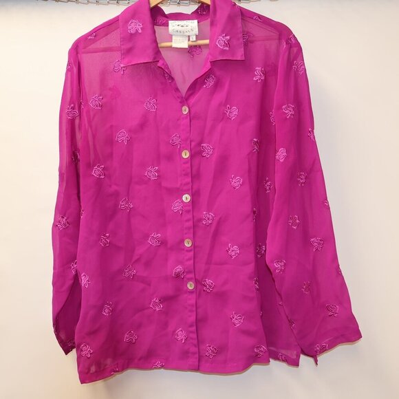 Country Wear Casuals Sheer Pink Button-Up Blouse With Embroidered Floral Pattern - Picture 3 of 10